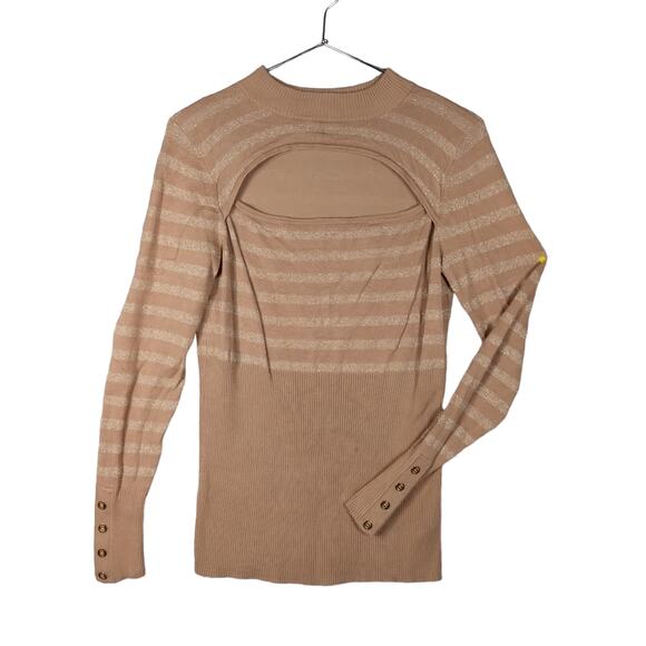 Guess Blouse Size Large Long Sleeve Fine Knit Gold and Light Brown Stripes - Picture 1 of 6